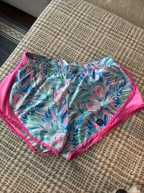 Simply Southern Tropical Print Athletic Shorts with Pink Trim